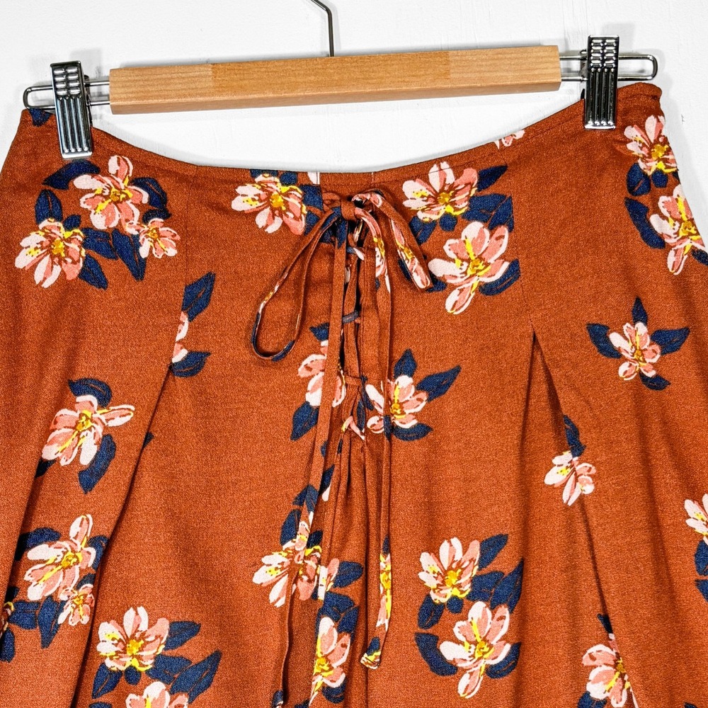 Free People Rust Floral Lace Up Back Mini Skater Skirt Size 4 Boho Pleated